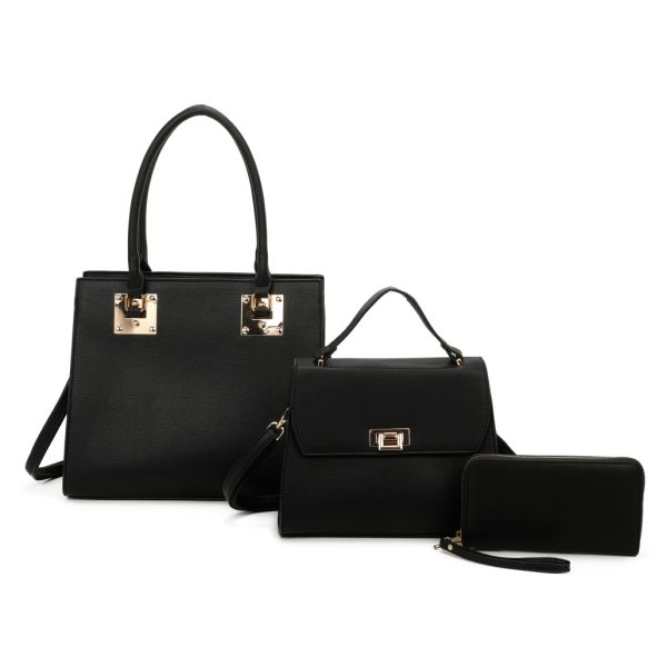 LF21168-T3 BK 3PC FASHION HANDBAG WITH WALLET