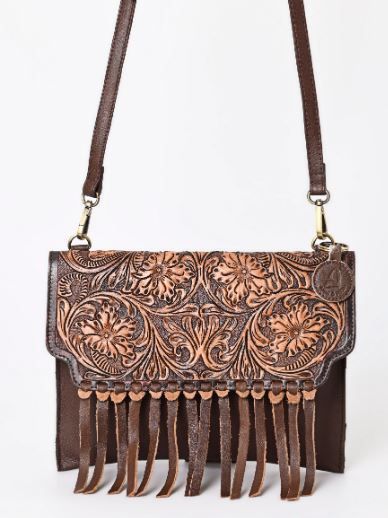 A&A-843A BR  Montana West Hand Tooled 100% Genuine Leather Fringe Crossbody