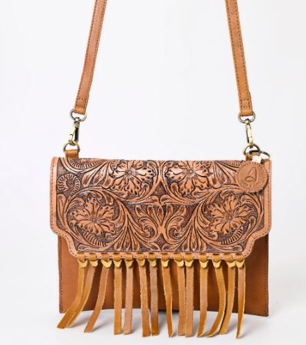 A&A-843A TN  Montana West Hand Tooled 100% Genuine Leather Fringe Crossbody