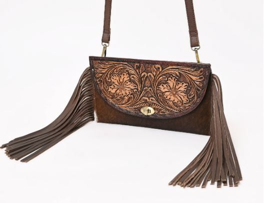 A&A-845A BR  Montana West Tooled Leather Hair-On Cowhide Fringe Crossbody