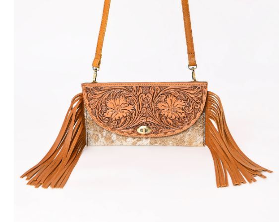 A&A-845A TN  Montana West Tooled Leather Hair-On Cowhide Fringe Crossbody