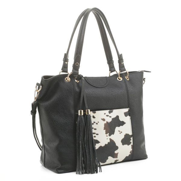 EJ91503C BK/COW COW PRINT SHOPPING TOTE 