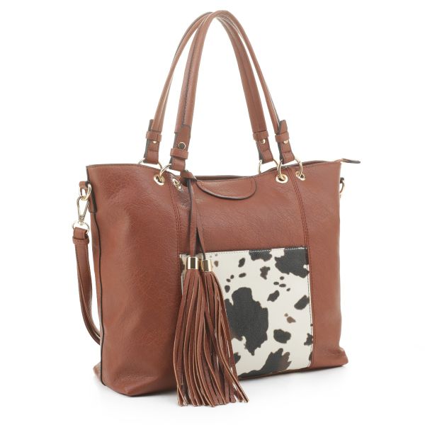 EJ91503C BR/COW COW PRINT SHOPPING TOTE 
