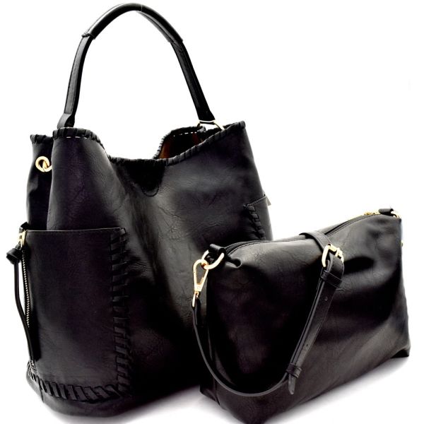 LLB105-1 BK Whipstitched 2 in 1 Pocket Hobo