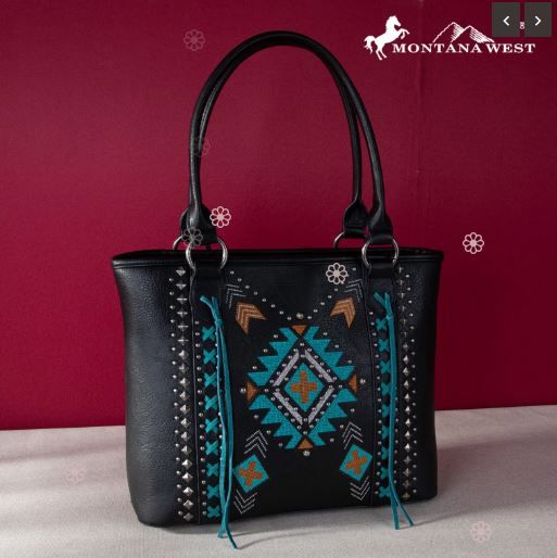 MW1248G-8317 BK Montana West Embroidered Aztec Collection Concealed Carry Tote
