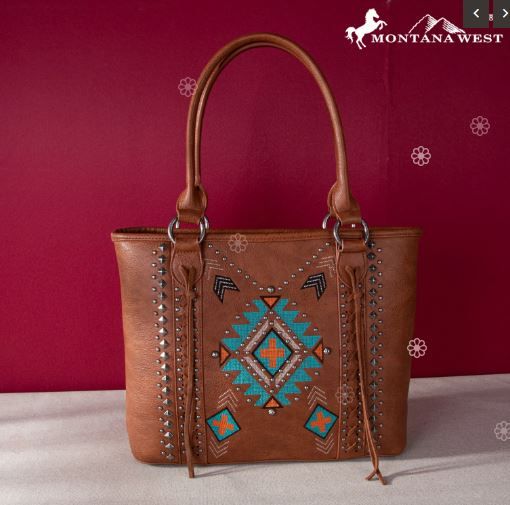 MW1248G-8317 BR Montana West Embroidered Aztec Collection Concealed Carry Tote