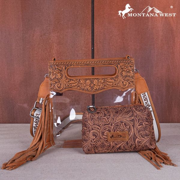 MW1251-199 LBR Montana West Western Fringe Stadium Clear Crossbody Bag with Detachable Pouch