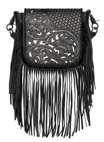 RLC-L162 BK Montana West Genuine Leather Tooled Collection Fringe Crossbody