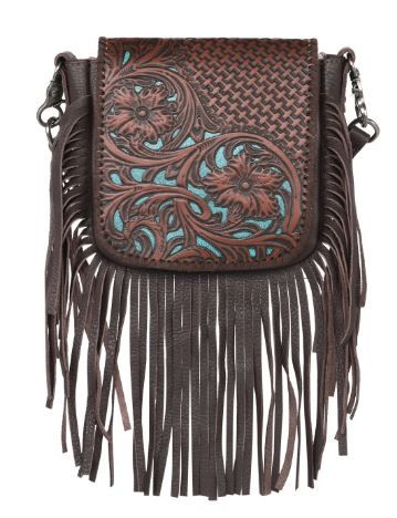 RLC-L162 CF Montana West Genuine Leather Tooled Collection Fringe Crossbody