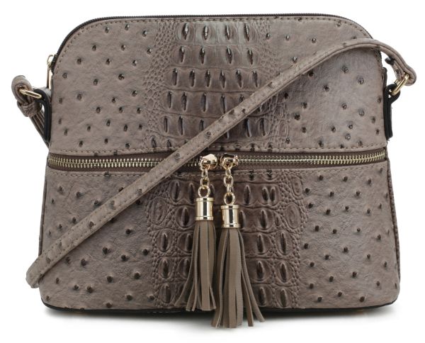 SG3031N ST Ostrich Croc Tassel Zip Dome Crossbody Bag Satchel 