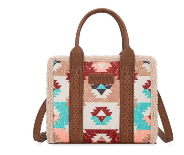WG166G-8120 BR Wrangler Sherpa Southwestern Print Small Canvas Tote/Crossbody