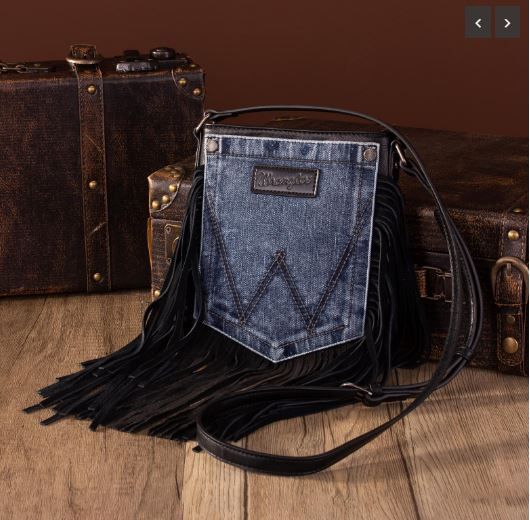 WG44-8360 BKB  Wrangler Leather Fringe Jean Denim Pocket Crossbody