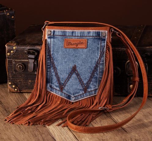 WG44-8360 BR  Wrangler Leather Fringe Jean Denim Pocket Crossbody
