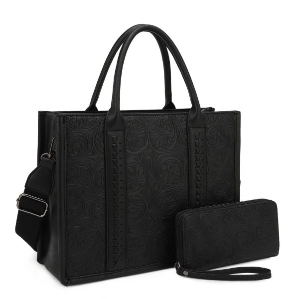 ZS-31089 BK/BK EMBOSSED BAG WITH WALLET
