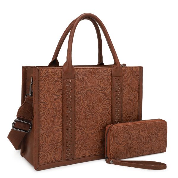 ZS-31089 BR/BR EMBOSSED BAG WITH WALLET