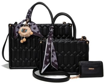 PU25528-T3 BK 2 HANDBAG WITH 1 WALLET SET