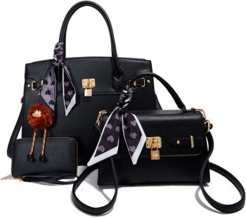 PU25523-T3 BK 2 HANDBAG WITH 1WALLET SET
