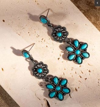 ER-1003 TQ Rustic Couture Turquoise Squash Blossom Drop Earrings