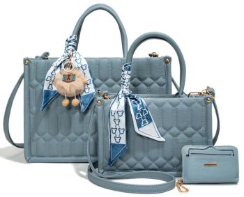 PU25528-T3 GY BLU 2 HANDBAG WITH 1 WALLET SET