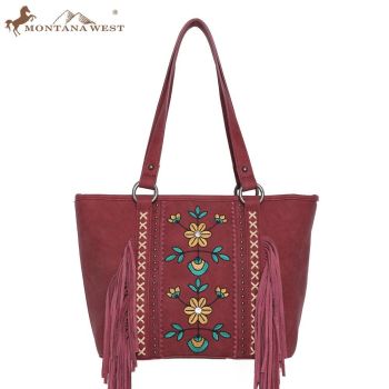 WG01 -8317  RD Embroidered Floral Fringe Concealed Carry Tote（Wrangler by Montana West）