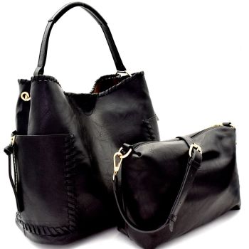 LLB105-1 BK Whipstitched 2 in 1 Pocket Hobo