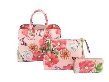 LY096-1W BS 3IN1 FLORAL PRINT TEXTURE  BAG WITH WALLET SET