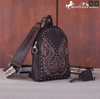 MW1137-210 CF Montana West Embroidered Cut-out Boot Scroll Sling Bag