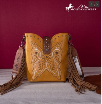 MW1247-9360 MST Montana West Embroidered Fringe Collection Boot Purse Crossbody