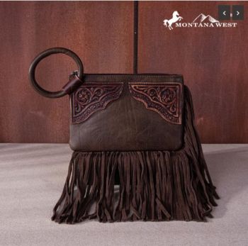 MW1262-A181 CF  Montana West Floral Tooled Fringe Ring Handle Wristlet Clutch Bag