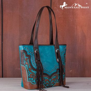MW1269G-8317 TQ  Montana West Embroidered scroll Cut-out Collection Concealed Carry Tote