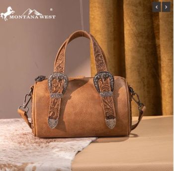 MW1338-8802 LBR Montana West Western Tooled Buckle Collection Mini Barrel Crossbody Bag