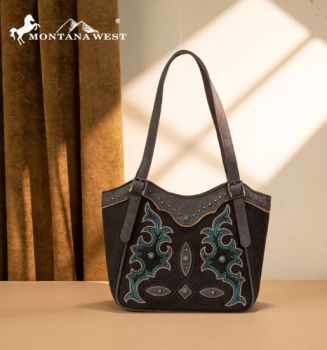 MW1344-8250 BK Montana West Embroidered Boot Scroll Tote
