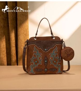 MW1344-8319 BR Montana West Embroidered Boot Scroll Top Handle Crossbody With Coin Pouch