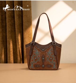 MW1344-8250 BR Montana West Embroidered Boot Scroll Tote