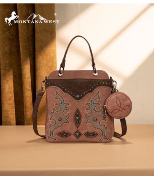 MW1344-8319 DPK Montana West Embroidered Boot Scroll Top Handle Crossbody With Coin Pouch