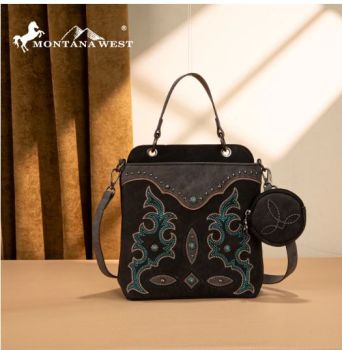 MW1344-8319 BK Montana West Embroidered Boot Scroll Top Handle Crossbody With Coin Pouch