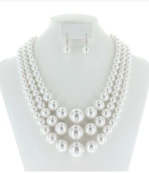 NPY065 RWH Multi Layered Pearl Strands Chunky Necklace And Earrings Set 