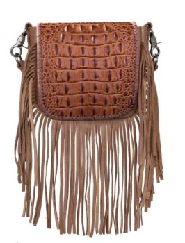 RLC-L160A BR Montana West Genuine Leather Hornback Embossed Croc Fringe Crossbody