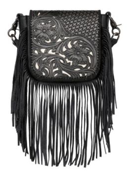 RLC-L162 BK Montana West Genuine Leather Tooled Collection Fringe Crossbody