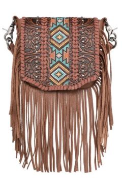 RLC-L166 BR Montana West Genuine Leather Tooled Collection Fringe Crossbody