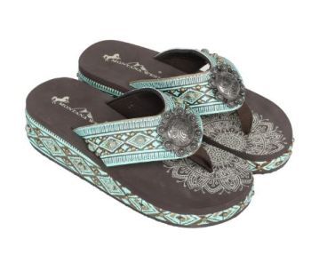 SEF11-S066 TQ Mandala Aztec Tooled Wedge with Crosses Flip Flops By Case