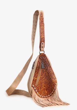 TR193-2102 BR Trinity Ranch Floral Tooled Fringe Sling Bag