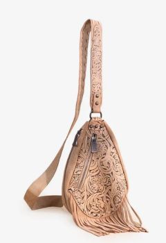 TR193-2102 TN Trinity Ranch Floral Tooled Fringe Sling Bag