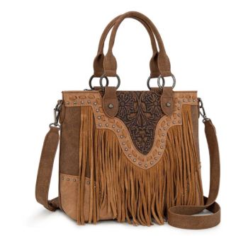 TR194-8250 BR Trinity Ranch Floral Tooled Fringe Tote/Crossbody