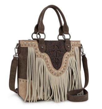 TR194-8250 CF Trinity Ranch Floral Tooled Fringe Tote/Crossbody