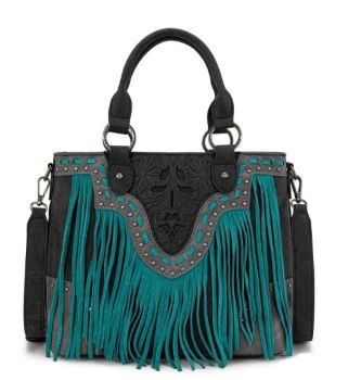 TR194-8250 BK Trinity Ranch Floral Tooled Fringe Tote/Crossbody