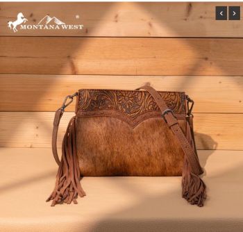 TR200-1814 BR Trinity Ranch Floral Tooled Hair-On Cowhide Crossbody