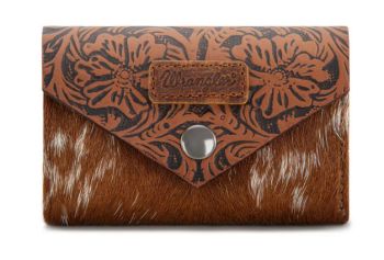 WG224-W070 BR Wrangler Genuine Hair-On Cowhide Floral Tooled Wallet