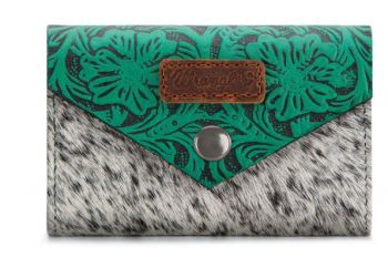 WG224-W070 TQ Wrangler Genuine Hair-On Cowhide Floral Tooled Wallet