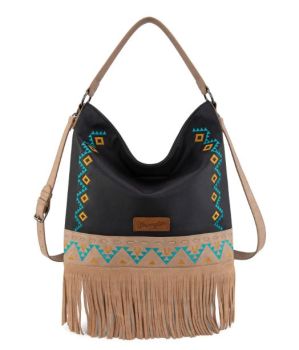 WG233-2001 BK Wrangler Aztec Embroidered Fringe Large Hobo/Crossbody BaACK